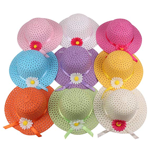 Girls Sunflower Straw Tea Party Hat Set (9 Pcs, Assorted Colors)