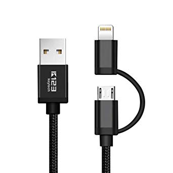 USB 2 in 1 Lightning Charging Cable 3ft [Apple MFi Certified] K123 Keytech Black Braided Cord for iPhone,iPad and Most Micro USB Port Mobile Devices