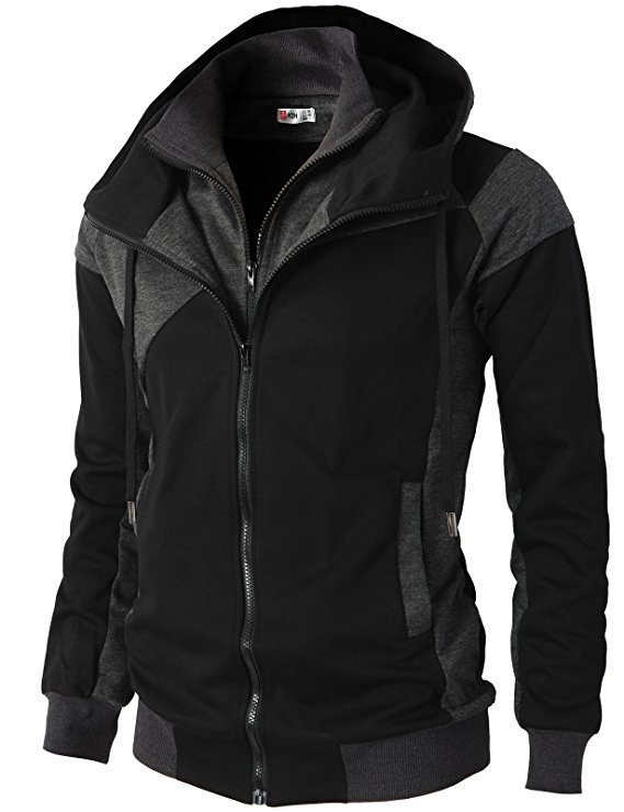 H2H Mens Fashion Double Zipper Closer Hoodie Zip-Up With Two Tone Color