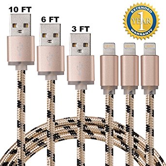 Flebi 3 Pack 3ft 6ft 10ft Nylon Braided 8Pin Lightning to USB Cable for iPhone iPad and iPod (Black in Gold)