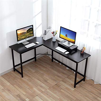 Computer Desk - CrazyLynX Corner Desk PC Workstation Table with Monitor Stand for PC Laptop, for Home Office, Wood & Metal (Black-N)