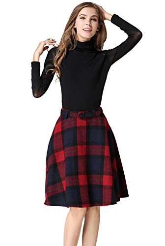 Tanming Women's Casual High Waisted Wool Check Print Plaid A-Line Skirt