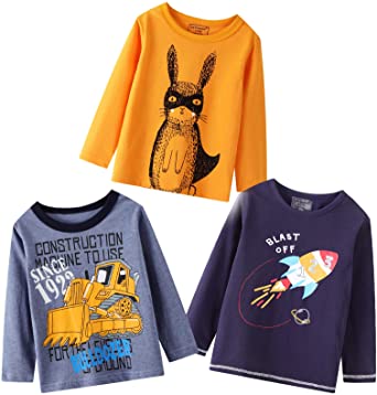 Miss Bei 3Pcs Boys' Long-Sleeve T-Shirts Cartoon Tees Round Neck Kids Dinosaurs Cars Rocket Tops for 1-7T Pack Set