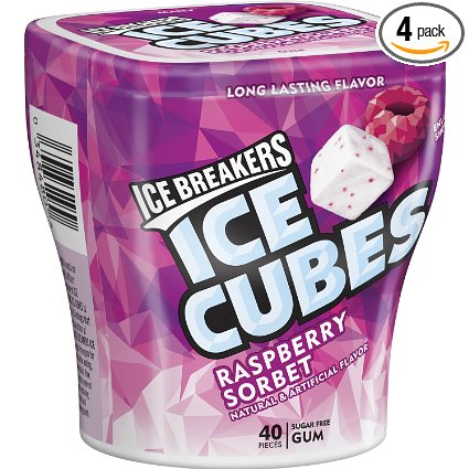ICE BREAKERS ICE CUBES Chewing Gum, Raspberry Sorbet Flavor, Sugar Free, 40 Piece Cube Pack Container (Count of 4)