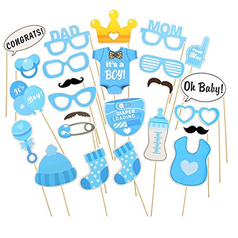 Photo Booth Props Funny DIY Kit for Baby Shower Boy Birthday Party Decorations Costume Dress-up Accessories Doubtless Bay (25Pcs blue)