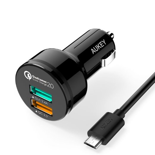 Aukey Quick Charge 20 30W 2 Ports USB Car Charger AdapterAIPower 5V24AQuick Charge 12V15A 9V2A 5V2A for S6 S6 Edge Included an 20AWG 33FT USB Micro USB Cable -Black