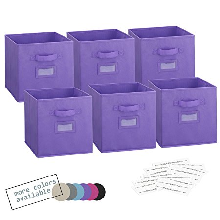 Royexe Set of 6 Foldable Fabric Storage Cube Bins | Collapsible Cloth Organizer Baskets Containers | Features Dual Handles & Label Window with 10 Pre-Cut Label Cards Inserts (Purple)