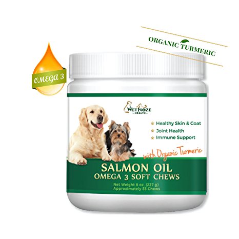 Salmon Oil Omega 3 Soft Chews with Organic Turmeric for Dogs Joints, Dry Skin Supplement for Itchy Dogs, Primrose & Sunflower Oil, Anti Inflammatory, Arthritis Pain Relief and Soft Coat- WetNozeHealth