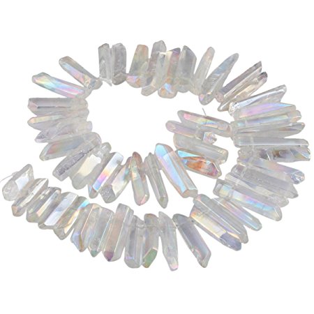 SUNYIK Angel Aura Titanium Coated Crystal Points Quartz Rough Sticks Spikes Point Beads 15 inch Strand Drilled