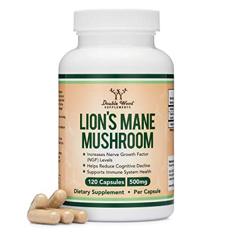 Lions Mane Mushroom Capsules (Two Month Supply - 120 Count) Organic and Vegan Supplement - Nootropic for Brain Health and Growth, Immune Booster, Made in The USA by Double Wood Supplements