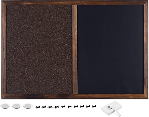 Navaris Combination Chalk and Cork Board - 16 x 24 in Magnetic Chalkboard Combo Wood Frame Wall Bulletin Board - Includes Chalk, Push Pins, Magnets
