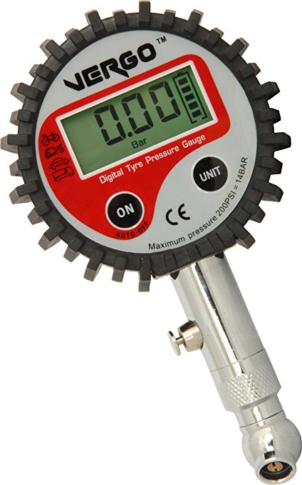 VERGO Digital tyre pressure gauge - Heavy Duty - Multiple Units - 0 - 14 Bar/ 0 - 200 PSI - Backlit LCD display - Adjustable Swivel - Pressure Hold & Reset Button - Car, Truck, Motorbike - Easy to use - Batteries included