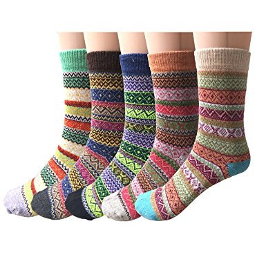 Pack of 5 Womens Vintage Style Cotton Knitting Wool Warm Winter Fall Crew Socks