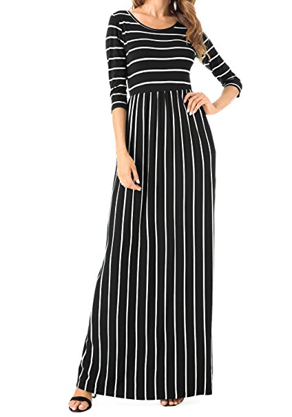 Levaca Women's 3/4 Sleeve Elastic Waist Pockets Striped Flare Casual Maxi Dress