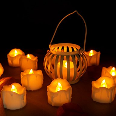 Youngerbaby 24pcs Amber No Flicker LED Tea Lights Wax Dripped Battery Operated Candle Unscented Small Led Flameless Candles for Christmas Centerpieces Wedding Decoration (24pcs No Flickering Yellow)