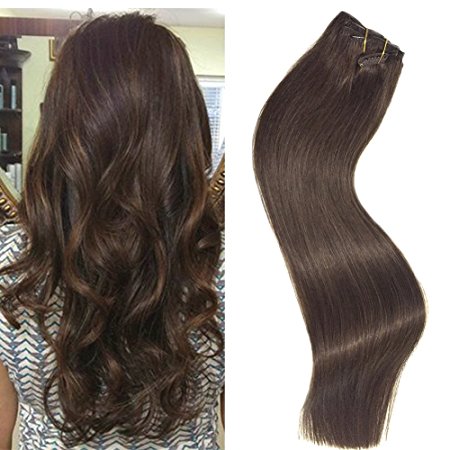 Clip in Hair Extensions Human Hair Extensions Medium Brown 7 Pieces 70g Silky Straight Weft Remy Real Hair (22 inches, #4)