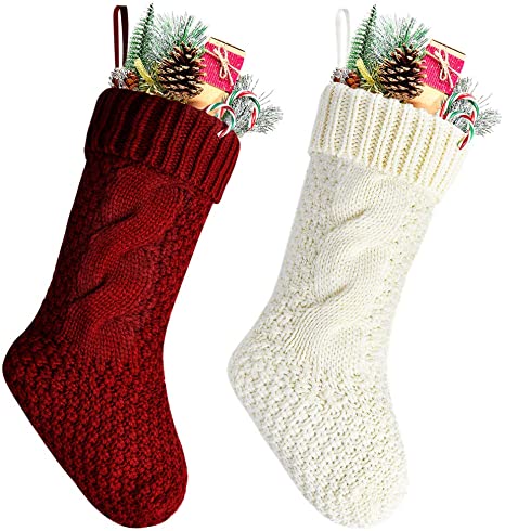Kunyida Unique Burgundy and Ivory White Knit Christmas Stockings 14" Pack of 2