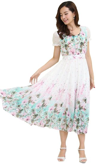 Shineflow Women's Short Sleeve Floral Printed Chiffon Midi Dress