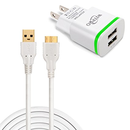 Galaxy S5 Charger, Pack 2in1 10ft Long USB 3.0 High Speed Data Charging Cable Cord and 2.1A/5V Dual USB Travel Home Wall Charger (with Led Light) Combo for Samsung Galaxy S5 Note 3 White