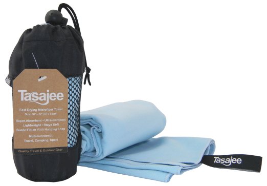 Microfibre Travel & Sports Towel - Fast Drying, Super Absorbent, Ultra-compact. Soft Suede Finish with Hanging Loop. For Gym, Camping - 45 Day Money Back Satisfaction Guarantee - Tasajee (Australia)