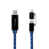 Apple MFi Certified Foxnovo 26ft Blue Flowing EL Light 2-in-1 Lightning and Micro USB Cable Sync Data and Cable Charging Cord for iPhone 6 Plus 5S 5C 5 4S iPad Air mini Galaxy S6 S5 S4 S3 Note 4 3 2 Tab 4 3 2 Pro Nexus 4 5 7 10 HTC Nokia and Other Android Phones Tablets Black