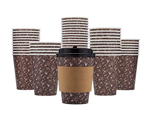 Disposable Paper Coffee Cups 12 oz/350 ml, 100 Sturdy Insulated Hot Cups to Go with Tight Travel Lids Sleeves, Perfect for Espresso Latte Cappuccino Hot chocolate Tea