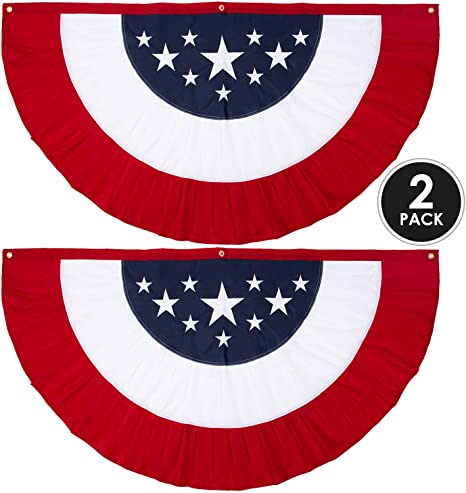 30" x 16" Americana USA Patriotic Nylon Bunting Flag, 2 Sided, Embroidered Stars, Grommets- July 4th American Flag for Outdoor Use- Americana Inside Outside Porch Rail or Window Decoration (2 Pack)