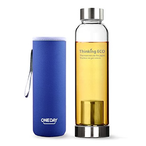 Oneday Borosilicate Glass Water Bottle with Colors Nylone Potholder Sleeves&Steel Lids Eco-friendly & BPA-free Camping Outdoor Non-leak Water Glass Bottle (18.5 Ounces with Tea Infuser/Blue Sleeves)
