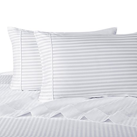 Stripes White 600 Thread Count King Size Sheet Set, 100% Cotton Deep Pocket Bed Sheets 600TC.