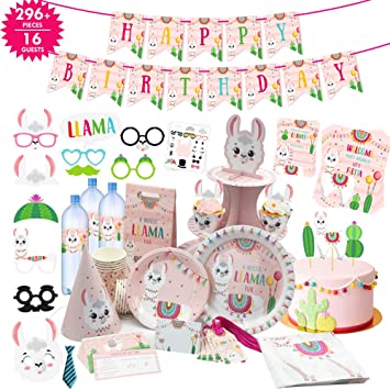 Llama Birthday Party Supplies Llama Decor 296 PCs I 22 Items Llama Party Decorations I Cake Topper, Holder, Goodie Bag, Stickers, Plates, Cups, Napkins, Confetti, Signs and Many More I Complete Set