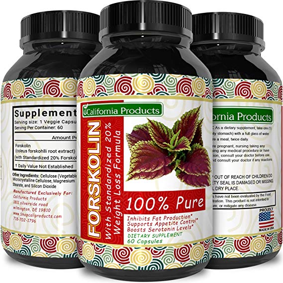 100 Pure Forskolin Extract 60 Capsules Best Coleus Forskohlii on the Market - Highest Grade Weight Loss Supplement for Women and Men - Standardized At 20 - Guaranteed By California Products