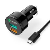 Qualcomm Certified Aukey Quick Charge 20 30W 2 Ports USB Car Charger AdapterAIPower 5V24AQuick Charge 12V15A 9V2A 5V2A Included an 20AWG 33FT Micro USB Cable - Black