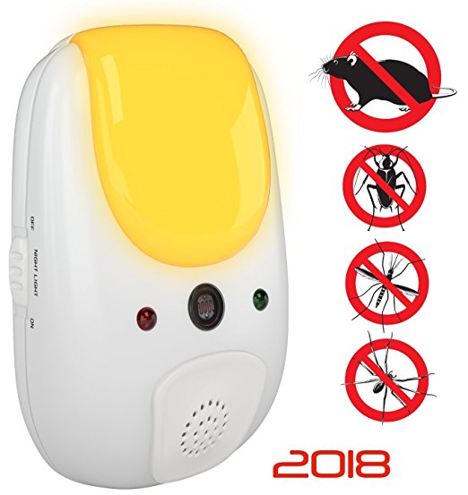 2018 SANIA Pest Repeller - effective sonic defense repellant keeps roaches, spiders, mosquitos, mice, bed bugs away - electronic ultrasonic deterrent for inside your home - relaxing amber night light