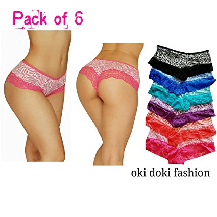 Sexy printed lace trim cotton hipsters boy shorts pack of 6 different zebra colors.