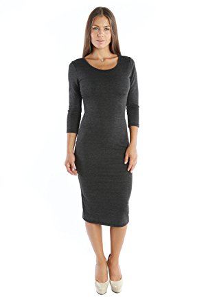 Nelly Aura Maxi Fitted Bodycon Midi Dress w/ ¾ Short Sleeve Scoop Neck - MADE IN USA - All Sizes   Colors