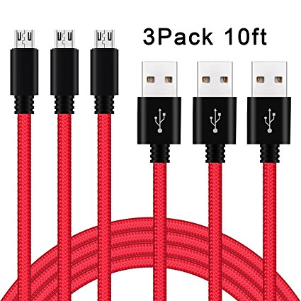 Micro USB Cable, RODERICK55 10FT Micro USB to USB Charger Cable Nylon Braided Fast Sync and Charging USB Cord for Galaxy, HTC, LG, Nokia, Sony, Android, PS4 Controller and More(3 PACK)