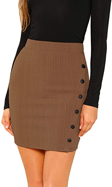 WDIRARA Women's Elegant Mid Waist Button Above Knee Bodycon Stretch Mini Skirt