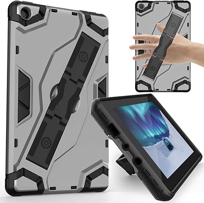 ROISKIN for Amazon Fire 7 Tablet Case 9th Generation 2019 Release [Kickstand / Hand Strap] Shockproof Impact Resistant Protective for Kindle Fire hd 7 inch Case - Silver