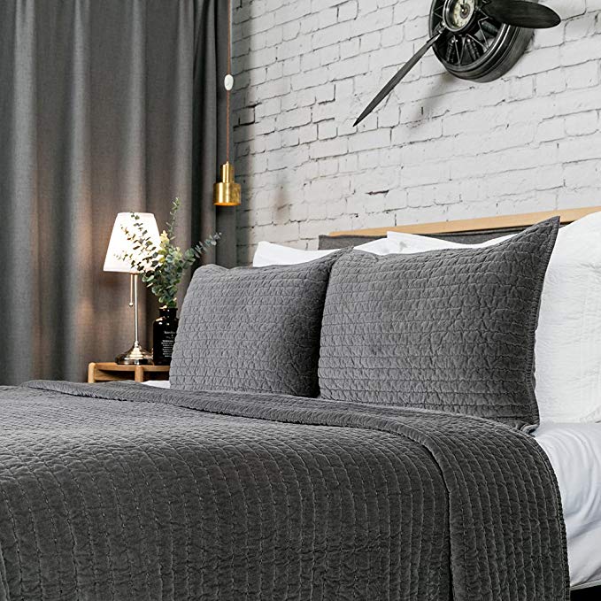 Elegant Life Reversible Royal Cotton Velvet Pic-Stitch Bedding Quilt - Oversized King - 108’’ x 92’’, Gray