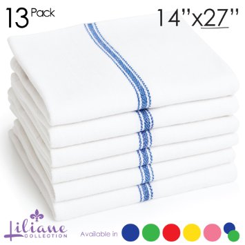 Liliane Collection Kitchen Dish Towels - Includes 13 Towels - Commercial Grade 100 Cotton Towels 27 x 14 - Classic White Tea Towels with Blue Stripes