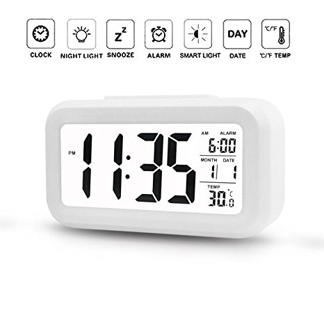 Alarm Clock Digital Large LCD Display Battery Operated Modern Portable Morning Sensor Smart Snooze Back-light Multi-function Clock Time Date Month Temperature Fits for Office Bedroom Dormitory Travel