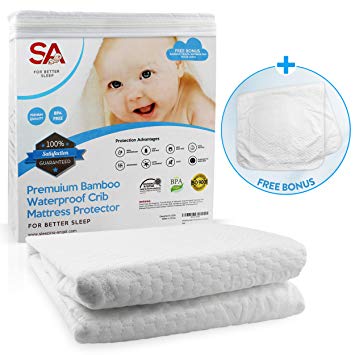 Crib Mattress Protector for Baby.Premium Bamboo 100% Waterproof Cotton is Soft, Breathable & Hypo Allergenic. Repels Bed Bugs & Dust Mites. Breathable for Better, Comfortable Sleep. Bonus Travel Pad