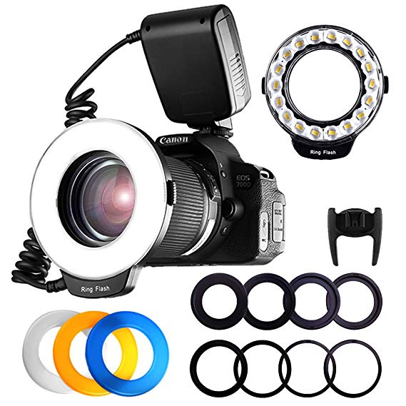 Macro Ring Flash Photography, TRAVOR 18 LED Flash Light with LCD Display Power Control 8 Adapter Rings 4 Light Diffuser for Canon Nikon Sony Panasonic Olympus Such as Canon 550D 70D Nikon