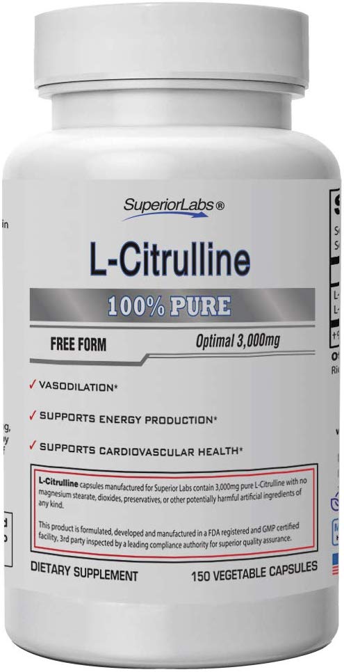 Superior Labs – Pure L-Citrulline – Free Form – Optimal 3,000mg Dosage – 150 Vegetable Capsules – Supports Vasodilation, Energy Production and Cardiovascular Health
