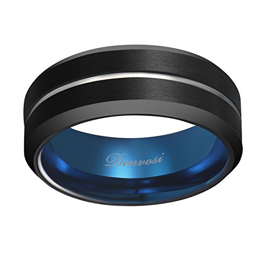Denvosi ELEGANCE Tungsten Carbide Ring for Men 8mm Matte Brushed Black Surface Inlaid Silver Line High Polished Navy Inner Face Wedding Band Anniversary Party Ring Comfort Fit Size 7-14.5