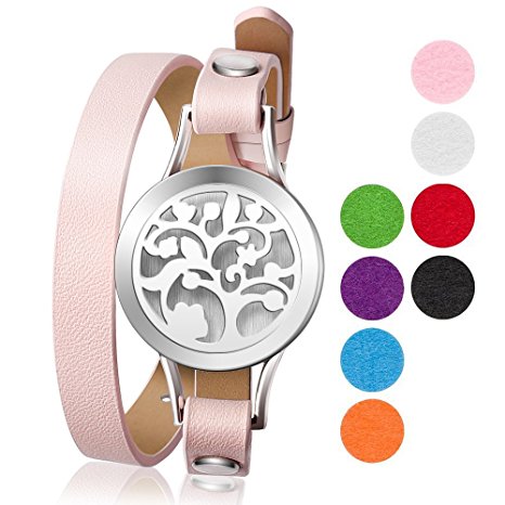 Essential Oil Diffuser Bracelet Aromatherapy Stainless Steel Locket Pink Leather Band Bracelets with 8 Color Cotton Pads, Elegant Gift Box (Tree of Life)