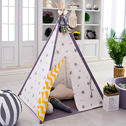 Tree Bud Play Teepee Tent for Kids, Indian Tent Toddler Indoor Foldable Canvas Teepee 4 Poles with Base Mat and Carrying Bag