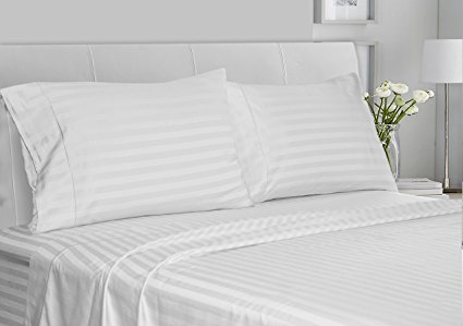 Chateau Home Collection Luxury 100% Supima Cotton 500 Thread Count Ultra Soft Damask Stripe Sheet Set, Mega Sale - Lowest Prices, Queen - White
