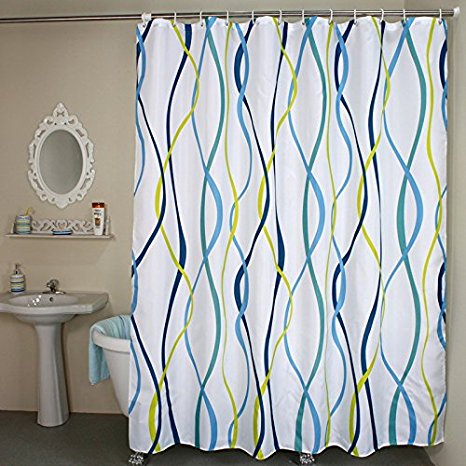 Welwo Shower Curtains, Wave Vertical Stripe Fabric Shower Curtain Liner_Set Stripes_Striped Shower Curtain 108 x 72 Inches, White Blue Yellow