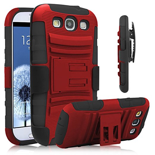 Galaxy S3 Case, Venoro [Heavy Duty] Armor Holster Defender Full Body Protective Hybrid Case Cover with Kickstand & Belt Swivel Clip for Samsung Galaxy S3 S III I9300 (Red Black)